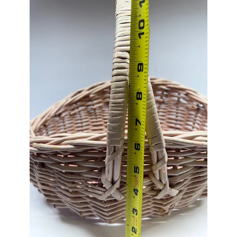 Vintage Pink Wicker Basket Oval Woven Easter Gift Basket with Handle 16 Inch